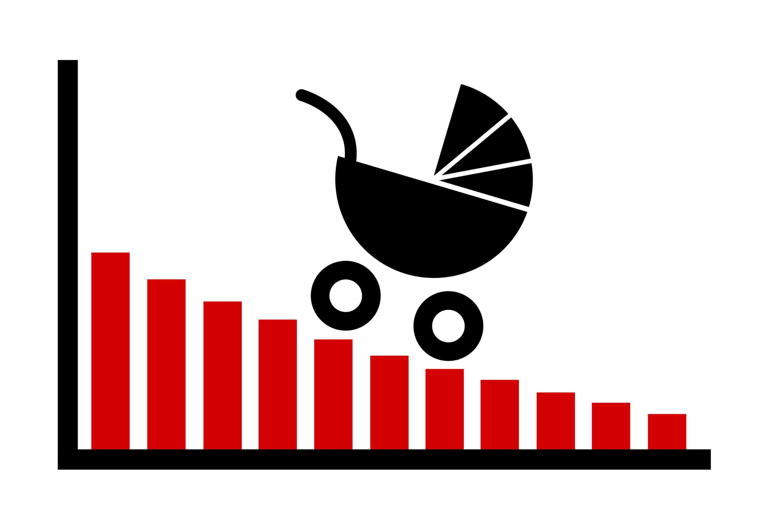 Birth rate is decreasing and declining – chart and graph of low and negative fertility rate. Population and natality social problem . Vector illustration